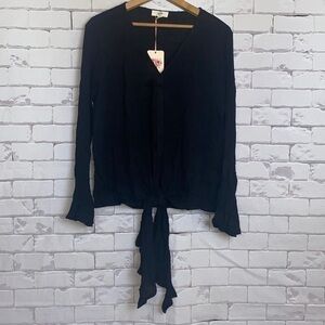 Entro black Swiss dot bell sleeve v neck tie waist blouse Medium NWT